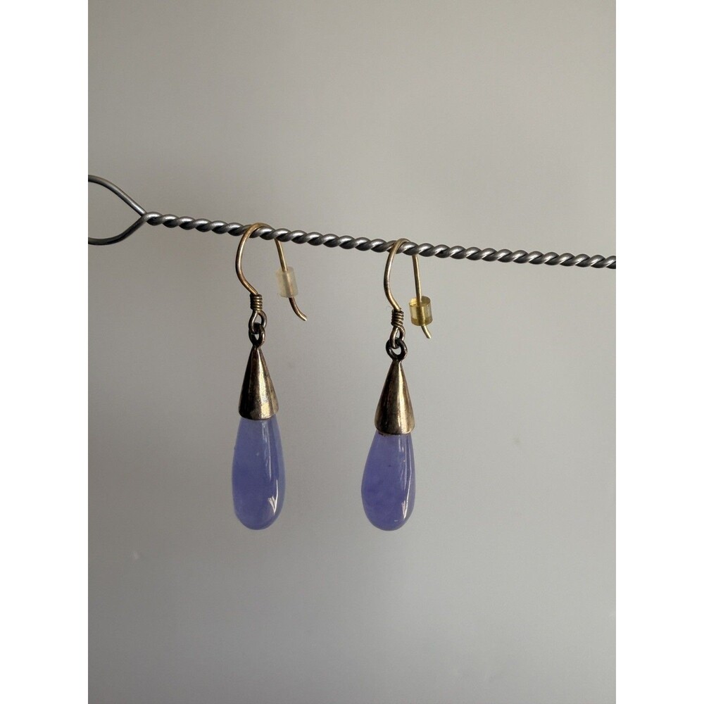Lavender Jade Gold Plated 925 Sterling Silver GOOD LUCK Teardrop Earrings 1 1/2"